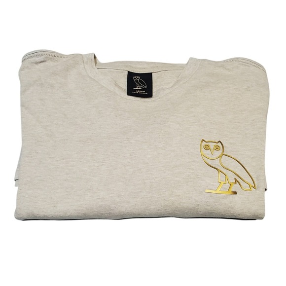 OVO October's Very Own Gold Owl Logo Long Sleeve Shirt Oatmeal Men's Size Medium